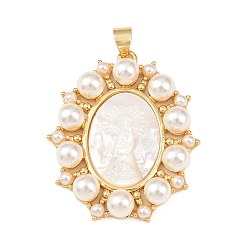 Virgin Овальные подвески из натуральной белой ракушки, с латунной оправой и искусственным жемчугом из АБС-пластика, реальный 18 k позолоченный, долговечный, без кадмия и без свинца, стойки покрытие, девственница, 33x27.5x6 мм, отверстие : 4.5x3.5 мм