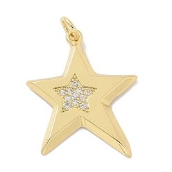 Настоящее золото 18K Латунные микропаве прозрачные подвески с фианитом, звезды прелести, реальный 18 k позолоченный, 24.5x20.5x1.5 мм, отверстие : 3.5 мм