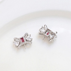 Platinum Brass Pave Clear Glass Bowknot Pins, for Baroque Pearl Making, Platinum, 17x11mm