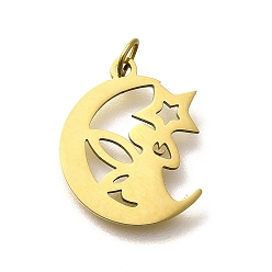 Настоящее золото 18K 304 подвески из нержавеющей стали, с целью перехода в кольце, луна со звездой и волшебным шармом, лазерная резка, ионное покрытие (ip), реальный 18 k позолоченный, 17x14x1 мм, отверстие : 3 мм