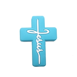 Темно-Голубой Крест с надписью Иисус, пищевые силиконовые бусины, глубокое синее небо, 30x22.2 мм