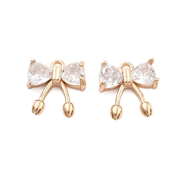 Настоящее золото 18K Латунь прелести, бантом прелести, со стеклом, реальный 18 k позолоченный, 12x12x3.5 мм, отверстие : 1.2 мм