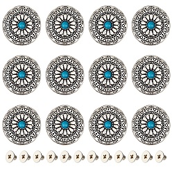 Бирюза 12 наборы заклепок из сплава и имитации бирюзы, с железной фурнитурой, плоские круглые с цветочным узором, для поделок багажа и аппаратных принадлежностей, бирюзовые, 30x8.5 мм, отверстие : 2.5 мм