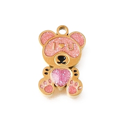 Настоящее золото 18K 304 нержавеющей стальной эмали подвески, bear with word i love u charms, с блеском порошок, ионное покрытие (ip), реальный 18 k позолоченный, 14x9x1.5 мм, отверстие : 1.5 мм