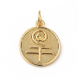 Настоящее золото 18K Стойки обшивки латунные подвески, с целью перехода в кольце, без кадмия, без никеля и без свинца, плоские круглые с цветком, реальный 18 k позолоченный, 16.5x13.5x1.5 мм, отверстие : 3.6 мм