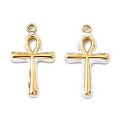 Белый 304 нержавеющей стальной эмали подвески, анкх крест прелести, вакуумное покрытие pvd, реальный 18 k позолоченный, белые, 18x11x2 мм, отверстие : 1.4 мм