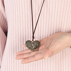 Античная Бронза Сплав полые цветы сердце кулон искусственная кожа шнур длинные ожерелья для женщин, седло коричневый, античная бронза, 27.56 дюйм (70 см)