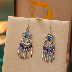 Темно-Синий Плоские круглые серьги-люстры в стиле бохо из сплава, стразов и стеклянных бусин, античное серебро, темно-синий, 90 мм