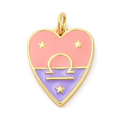 Весы Латунь эмаль подвески, с целью перехода в кольце, реальный 14 k позолоченный, сердце с двенадцатью созвездиями, Весы, 19x14.5x2 мм, отверстие : 3 мм