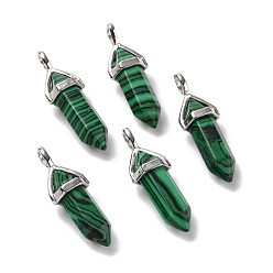 Малахит Синтетического малахита подвески, граненые, с латунной фурнитурой платинового цвета, без свинца и без кадмия, пуля, 27~30x9~10x7~8 мм, отверстие : 4x3 мм