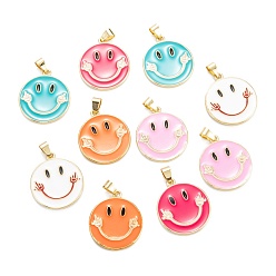 Mixed Color Brass Enamel Pendants, Cadmium Free & Lead Free, Real 18K Gold Plated, Long-Lasting Plated, Flat Round with Smiling Face, Mixed Color, 27x24.5x2.5mm, Hole: 5x3.5mm