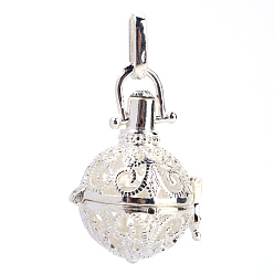 Silver Rack Plating Brass Cage Pendants, For Chime Ball Pendant Necklaces Making, with Rhinestone, Hollow Round, Silver Color Plated, 31x24x20mm, Hole: 3.5x7mm, inner measure: 17mm