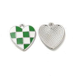Green Alloy Enamel Pendants, Platinum, Heart with Tartan Pattern, Green, 17.5x16x2mm, Hole: 1.6mm