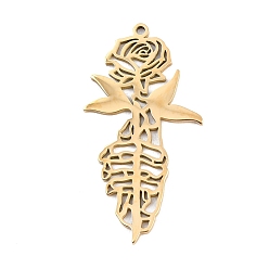 Золотой Полые 304 из нержавеющей стали кулоны, очарование цветка розы, золотые, 40x21x1 мм, отверстие : 1.4 мм