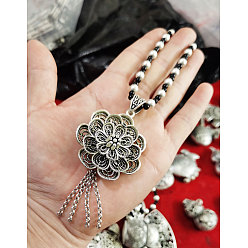 Цветок Этнический стиль сплав подвеска пластик имитация жемчуга бусины ожерелья, античное серебро, черно-белые, цветок, 29.92 дюйм (76 см)