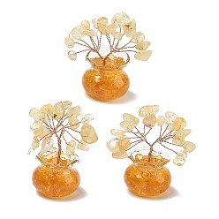 Yellow Quartz Natural Yellow Quartz Chips Tree of Life Decorations, with Glass Pot Base & Copper Wire, Feng Shui Energy Stone Gift for Home Desktop Decoration, 26x52~56mm