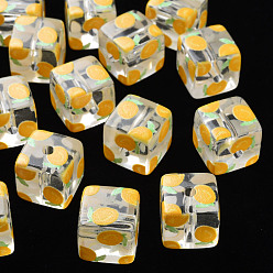 Zitrone Transparent bedruckten Acryl-Perlen, Quadrat mit Fruchtmuster, Zitronen-Muster, 16x16x16 mm, Bohrung: 3 mm