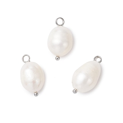Платина Подвески из натурального пресноводного жемчуга, рисовые подвески с латунными петлями, цветочный белый, платина, 17~19x9~10 мм, отверстие : 2.5 мм
