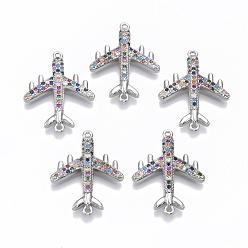 Platinum Brass Micro Pave Cubic Zirconia Airliner Links connectors, Passenger Airplane, Colorful, Platinum, 24x19x3.5mm, Hole: 1mm