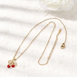 Золотой Подвеска из латуни с микропаве из прозрачного кубического циркония и эмалью цвета красной вишни 304 цепочка из нержавеющей стали для женщин, золотые, 16.10 дюйм (40.9 см)