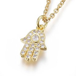 Золотой Ожерелье с кулоном из кубического циркония, с 304 цепи из нержавеющей стали, хамса рука, прозрачные, золотые, 17.71 дюйм (45 см)