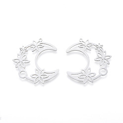 Нержавеющая Сталь Цвет Не тускнеющие 201 подвески из нержавеющей стали, подвески для лазерной резки, луна с цветком, цвет нержавеющей стали, 38x35x1 мм, отверстие : 1.5 мм