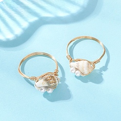 Light Gold Кольца на палец из перламутра и бусин, украшения из медной проволоки для женщин, золотой свет, 7.5~9 мм, внутренний диаметр: 19 мм