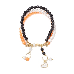 Colorful 6mm Round Shell Pearl & ABS Plastic Imitation Pearl Tree-Color Multi-Strand Bracelets for Women, with Brass Heart Charms, Colorful, Inner Diameter: 2-1/2 inch(6.3cm)