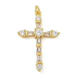 Настоящее золото 18K Покрытие стойки латунь микропаве прозрачные подвески из кубического циркония, с целью перехода в кольце, без свинца и без кадмия, долговечный, крестик, реальный 18 k позолоченный, 32.5x21.5x5 мм, отверстие : 3 мм