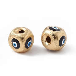 Black Brass Beads, with Enamel, Real 18K Gold Plated, Cube with Evil Eye, Black, 10.5x11.5x11mm, Hole: 2.5mm