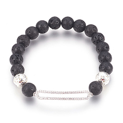 Платиновый & Серебристый Стрейч браслеты, с долговечным гальваническим покрытием из натуральной лавы, натуральная лава и латунные бусины из фианита, прямоугольные, Платина и серебро, 2-1/8 дюйм (5.4 см)