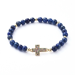 Lapis Lazuli Round Natural Lapis Lazuli(Dyed) Stretch Beaded Bracelets, with Brass Micro Pave Cubic Zirconia Links, Brass Beads and Cardboard Boxes, Cross, 2-1/8 inch(5.5cm)