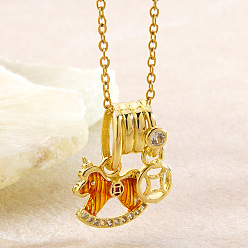 Шоколадный 304 Подвеска в виде лошади из нержавеющей стали с эмалью и кубическим цирконием для женщин, золотые, цвет шоколада, 15.75 дюйм (40 см), Кулон : 11.4x12 мм