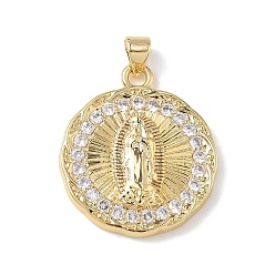 Настоящее золото 18K Религиозные латунные подвески с микропаве из прозрачного кубического циркония, овал с подвесками Девы Марии, стойки покрытие, долговечный, без кадмия и без свинца, реальный 18 k позолоченный, 26.5x22.5x3.5 мм, отверстие : 4.5x3.5 мм