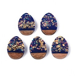 Темно-Синий Подвески из непрозрачной смолы и орехового дерева, слезинки, с блестящей пудрой и золотой фольгой, темно-синий, 17.5x13x3 мм, отверстие : 2 мм