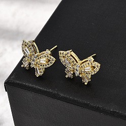 Настоящее золото 18K Серьги-гвоздики в форме бабочки из латуни с прозрачным кубическим цирконием, без кадмия и без свинца, долговечный, стойки покрытие, реальный 18 k позолоченный, 11.5x16.5 мм