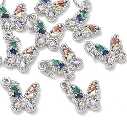 Colorful SHEGRACE Brass Pave Clear Cubic Zirconia Pendants, Butterfly Charms, Cadmium Free & Nickel Free & Lead Free, Long-Lasting Plated, Platinum, Colorful, 11x11.5x3mm, Hole: 3mm