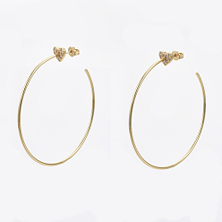 Golden Brass Micro Pave Clear Cubic Zirconia Stud Dangle Earrings, Half Hoop Earrings, with Earring Backs, Nickel Free, Heart, Golden, 50x1.5mm, Pin: 0.7mm