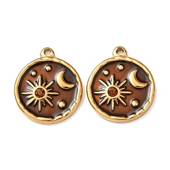 Сиена 304 подвески из нержавеющей стали, с эмалью и горный хрусталь, плоские круглые подвески и подвески в виде солнца и луны, реальный 18 k позолоченный, ионное покрытие (ip), цвет охры, 19x16x2.5 мм, отверстие : 1.2 мм