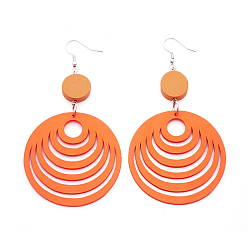 Темно-Оранжевый Элегантная мода плоские круглые деревянные болтаться серьги, с платиновым покрытием серьги железа крючки, темно-оранжевый, 90 мм , штифт: 0.8 мм