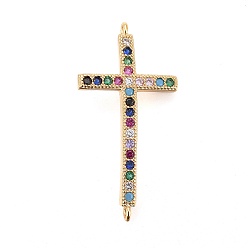 Golden Brass Micro Pave Cubic Zirconia Links, Sideways Cross, Colorful, Golden, 29x15.5x2mm, Hole: 1mm