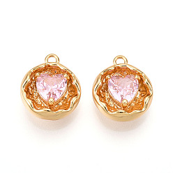 Pink Латунные микро проложить кубического циркония прелести, Сердце & плоские круглые, долговечный, без никеля , реальный 18 k позолоченный, розовые, 14~14.5x12x5 мм, отверстие : 1.5 мм