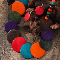 Разноцветный Многослойные ожерелья и серьги-подвески из деревянных бусин в богемном этническом стиле, плоско-круглые, красочный, 740 мм и 44x23 мм