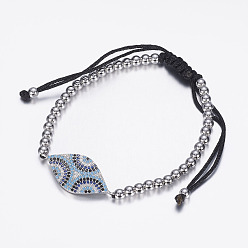Real Platinum Plated Adjustable Brass Braided Beaded Bracelets, with Nylon Cord and Micro Pave Cubic Zirconia Links, Cadmium Free & Lead Free, Horse Eye, Real Platinum Plated, 2-1/4 inch~3-3/8 inch(55~87mm)