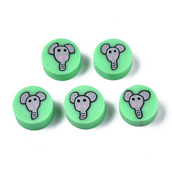 Spring Green Handmade Polymer Clay Beads, for DIY Jewelry Crafts Supplies, Flat Round with Elephant, Spring Green, 9~9.5x3.5~5mm, Hole: 1.6mm