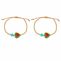 Mixed Color 2Pcs 2 Colors Dyed Synthetic Turquoise Cross and Glass Heart Braided Bead Bracelets for Women, Adjustable Stackable Bracelets with Round Brass Beads, Golden, Mixed Color, 11.02 inch(28cm), 1pc/color