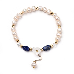 Ляпис-Лазурь Растянуть шарм браслеты, с естественной ляпис-лазури бисера, натуральный жемчуг и бусины из ракушек, Стеклянные бусины, латунные бусины и кабельные цепи, цветок, внутренний диаметр: 2-1/4 дюйм (5.7 см)