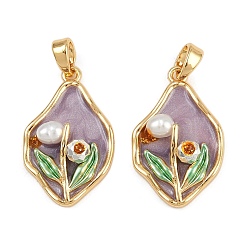 Средний Фиолетовый Латунь эмаль подвески, с натуральной жемчужиной, реальный 18 k позолоченный, самородки с цветочным шармом, средне фиолетовый, 22x14x5.5 мм, отверстие : 5x3 мм