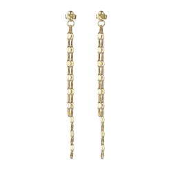 Real 14K Gold Plated 304 Stainless Steel Stud Earrings, Brass Dapped Chains Tassel Earrings, Real 14K Gold Plated, 77mm