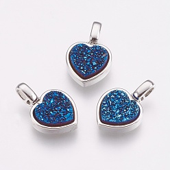 Синий Естественно druzy агат подвески, с латунной фурнитурой , сердце, платина, синие, 17 мм, отверстие : 2x2.5 мм, Кулон : 12.5x11x4 мм